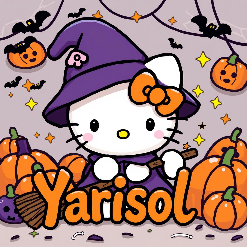 A whimsical Halloween-themed image featuring Hello Kitty dressed in a cute witch costume, adorned with a tiny pointed hat and a playful broomstick