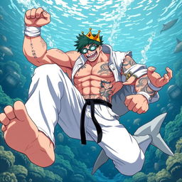 Anime art featuring a 39 year old professional hero Izuku Midoriya as a giant, muscular shark hybrid king