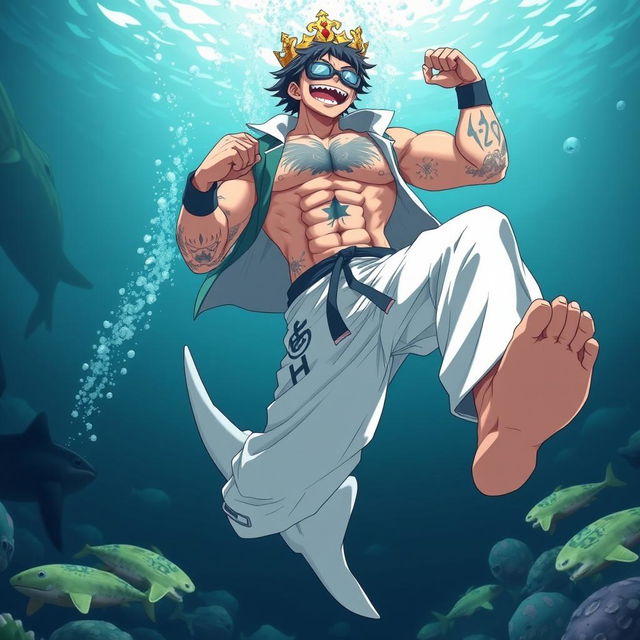 Anime art featuring a 39 year old professional hero Izuku Midoriya as a giant, muscular shark hybrid king