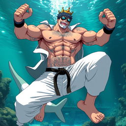 Anime art featuring a 39 year old professional hero Izuku Midoriya as a giant, muscular shark hybrid king