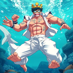 Anime art featuring a 39 year old professional hero Izuku Midoriya as a giant, muscular shark hybrid king