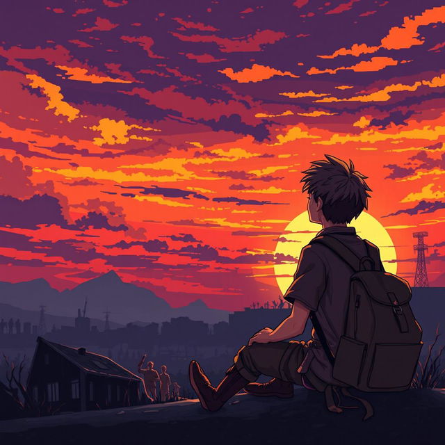 A pixel art scene depicting a young man sitting with a backpack, gazing at a sunset in an apocalyptic zombie setting