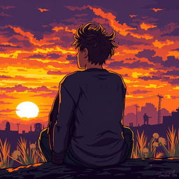 A pixel art scene depicting a young man sitting with a backpack, gazing at a sunset in an apocalyptic zombie setting