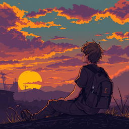 A pixel art scene depicting a young man sitting with a backpack, gazing at a sunset in an apocalyptic zombie setting