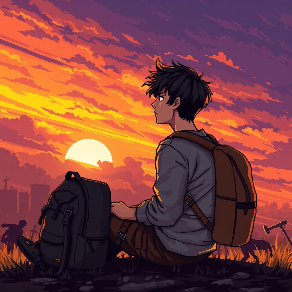 A pixel art scene depicting a young man sitting with a backpack, gazing at a sunset in an apocalyptic zombie setting