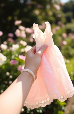 A hand gently holding a delicate, flowing dress made of soft fabric with intricate lace detailing