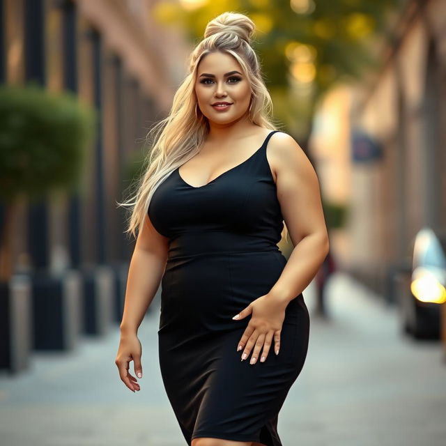 A curvy and chubby white woman with long blonde hair elegantly tied up in a bun, wearing a stylish black sleeveless dress that flatters her figure