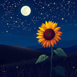 A stunning night landscape featuring a single sunflower with unusual colors under a starry sky