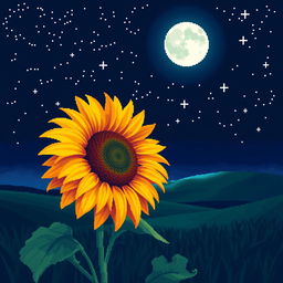 A stunning night landscape featuring a single sunflower with unusual colors under a starry sky