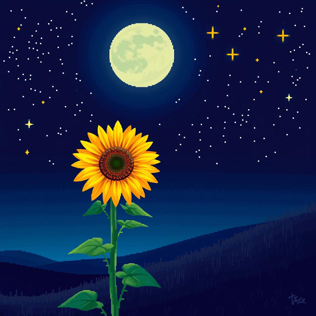 A stunning night landscape featuring a single sunflower with unusual colors under a starry sky