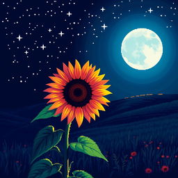 A stunning night landscape featuring a single sunflower with unusual colors under a starry sky