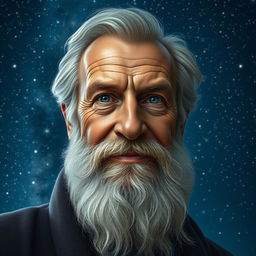A realistic portrait of an elderly bearded man with a kind expression, looking directly at the viewer