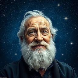 A realistic portrait of an elderly bearded man with a kind expression, looking directly at the viewer