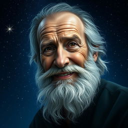 A realistic portrait of an elderly bearded man with a kind expression, looking directly at the viewer