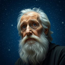 A realistic portrait of an elderly bearded man looking straight ahead, positioned in the corner of the image, with a starry sky as the background