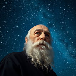 A realistic portrait of an elderly bearded man looking straight ahead, positioned in the corner of the image, with a starry sky as the background