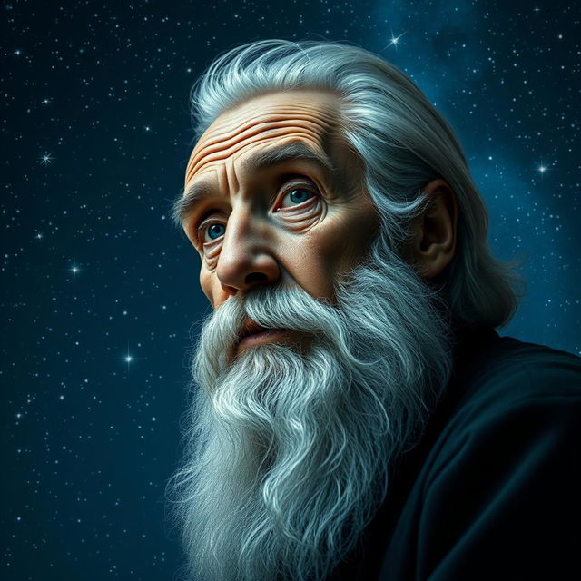 A realistic portrait of an elderly bearded man looking straight ahead, positioned in the corner of the image, with a starry sky as the background