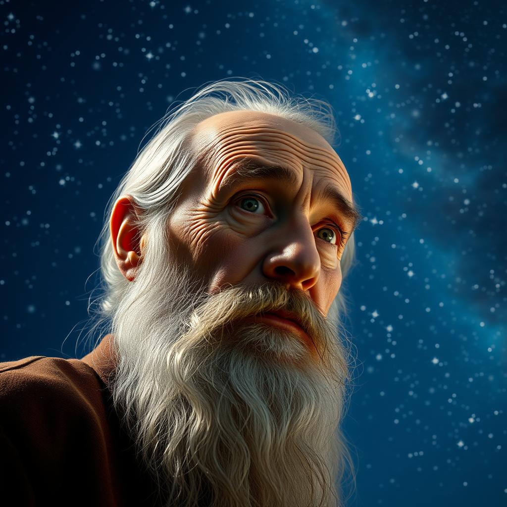 A realistic portrait of an elderly bearded man looking straight ahead, positioned in the corner of the image, with a starry sky as the background