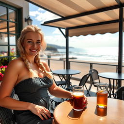 A beautiful curvy blonde woman with a sexy plait hairstyle, wearing a stylish summer dress, sits leisurely at a cafe table