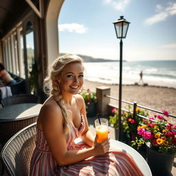A beautiful curvy blonde woman with a sexy plait hairstyle, wearing a stylish summer dress, sits leisurely at a cafe table