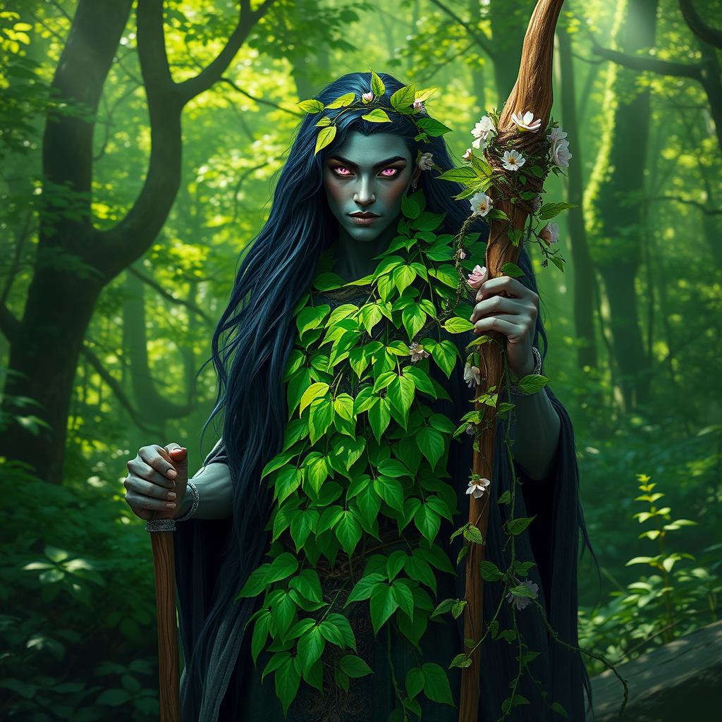 A male Drow druid standing in a lush forest, adorned in vibrant bright green leaves that blend harmoniously with the surrounding foliage