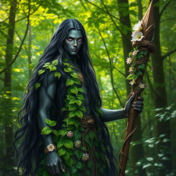 A male Drow druid standing in a lush forest, adorned in vibrant bright green leaves that blend harmoniously with the surrounding foliage
