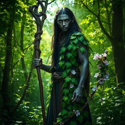 A male Drow druid standing in a lush forest, adorned in vibrant bright green leaves that blend harmoniously with the surrounding foliage