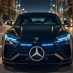 A sleek 2024 Lamborghini Urus with a futuristic design, showcasing thin neon headlights that emit a vibrant glow