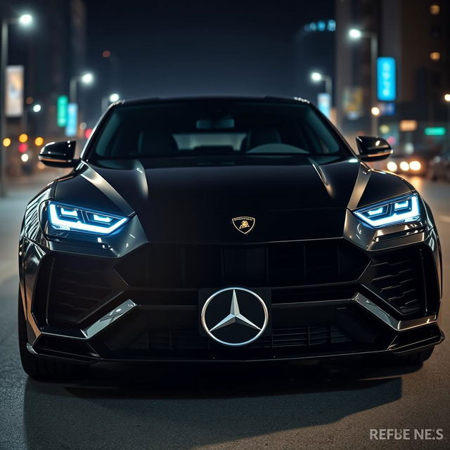 A sleek 2024 Lamborghini Urus with a futuristic design, showcasing thin neon headlights that emit a vibrant glow