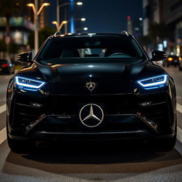 A sleek 2024 Lamborghini Urus with a futuristic design, showcasing thin neon headlights that emit a vibrant glow