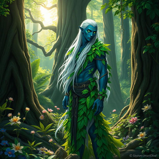 A male Drow druid standing gracefully amidst a lush forest setting