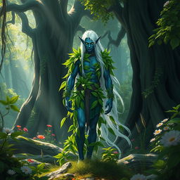 A male Drow druid standing gracefully amidst a lush forest setting