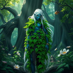 A male Drow druid standing gracefully amidst a lush forest setting