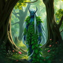 A male Drow druid standing gracefully amidst a lush forest setting