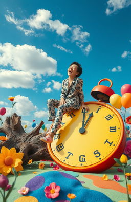 A whimsical and surreal scene depicting a person laughing heartily while sitting on a colorful, oversized object that symbolizes loss, like a giant broken clock or a fallen tree