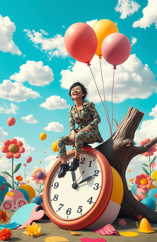 A whimsical and surreal scene depicting a person laughing heartily while sitting on a colorful, oversized object that symbolizes loss, like a giant broken clock or a fallen tree