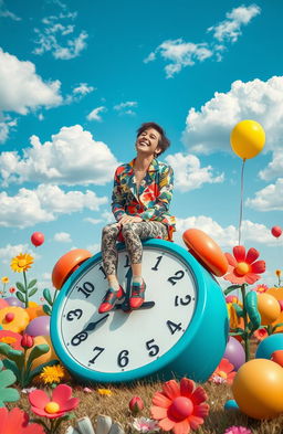 A whimsical and surreal scene depicting a person laughing heartily while sitting on a colorful, oversized object that symbolizes loss, like a giant broken clock or a fallen tree