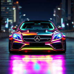 A Mercedes E 200 car with a sleek, modern design, featuring vibrant neon lights covering its body