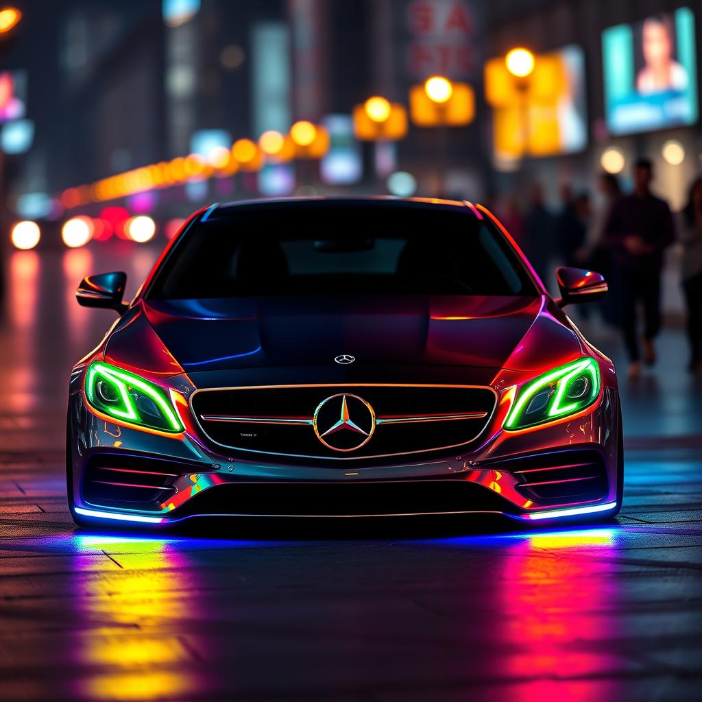 A Mercedes E 200 car with a sleek, modern design, featuring vibrant neon lights covering its body