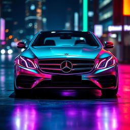 A Mercedes E 200 car with a sleek, modern design, featuring vibrant neon lights covering its body