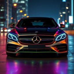 A Mercedes E 200 car with a sleek, modern design, featuring vibrant neon lights covering its body
