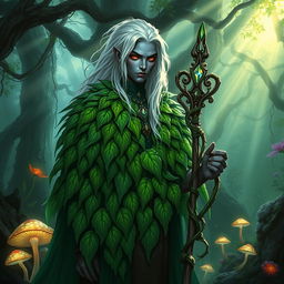 A male Drow druid standing in a mystical forest, wearing a beautifully intricate mantle made of vibrant green leaves