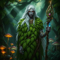 A male Drow druid standing in a mystical forest, wearing a beautifully intricate mantle made of vibrant green leaves