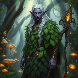 A male Drow druid standing in a mystical forest, wearing a beautifully intricate mantle made of vibrant green leaves