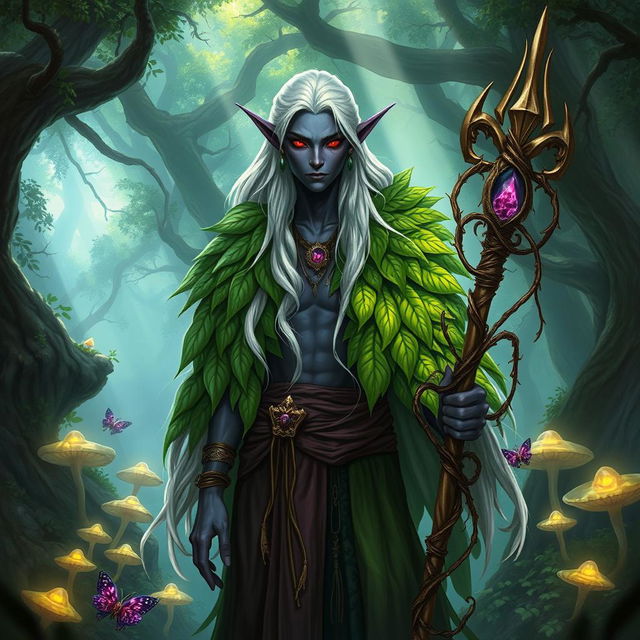 A male Drow druid standing in a mystical forest, wearing a beautifully intricate mantle made of vibrant green leaves