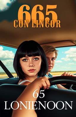 A striking book cover featuring a girl with big brown eyes, shoulder-length dark hair with bangs elegantly framing her forehead, sitting in the passenger seat