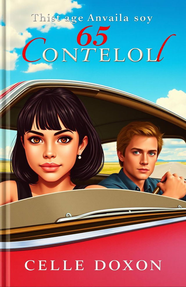 A striking book cover featuring a girl with big brown eyes, shoulder-length dark hair with bangs elegantly framing her forehead, sitting in the passenger seat