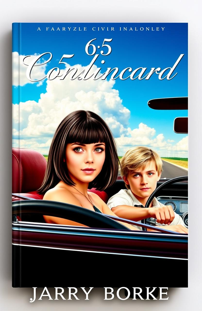 A striking book cover featuring a girl with big brown eyes, shoulder-length dark hair with bangs elegantly framing her forehead, sitting in the passenger seat