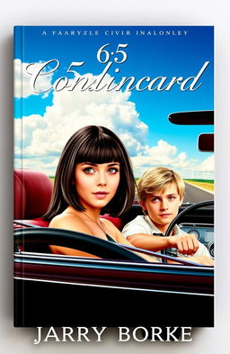 A striking book cover featuring a girl with big brown eyes, shoulder-length dark hair with bangs elegantly framing her forehead, sitting in the passenger seat