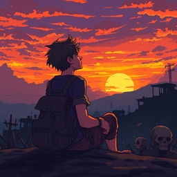 A pixel art scene depicting a young man sitting with a backpack, gazing at a sunset in an apocalyptic zombie setting